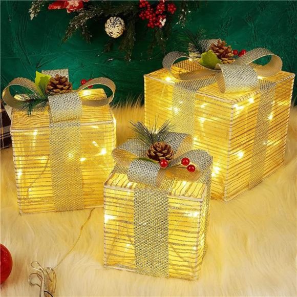 Christmas Lighted Boxes, Set of 3 60 LED Light Up Decor Outdoor, Light Up - Picture 6 of 7